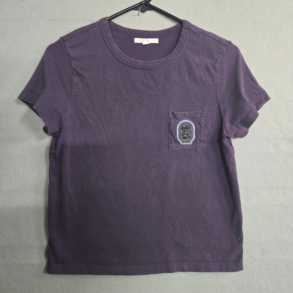 Vans Womens Large Purple Pocket T-Shirt Lucky Cat Maneki Neko Patch Graphic